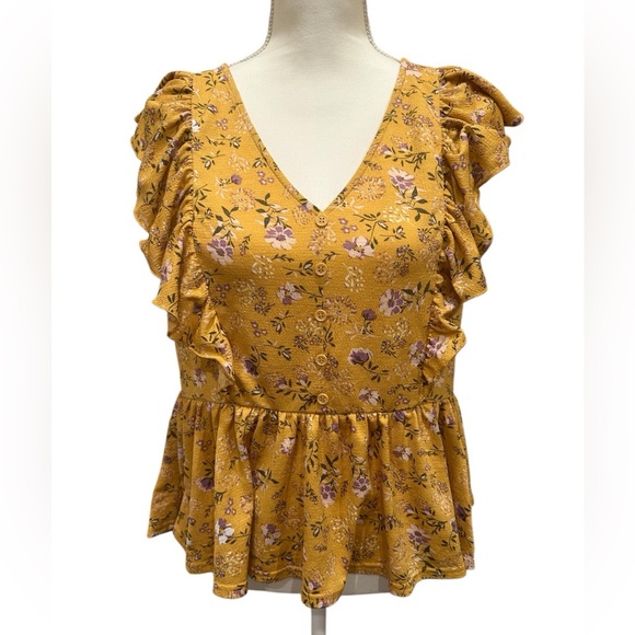 Melloday Mustard Floral Ruffle Peplum Top Size Medium - Picture 1 of 6